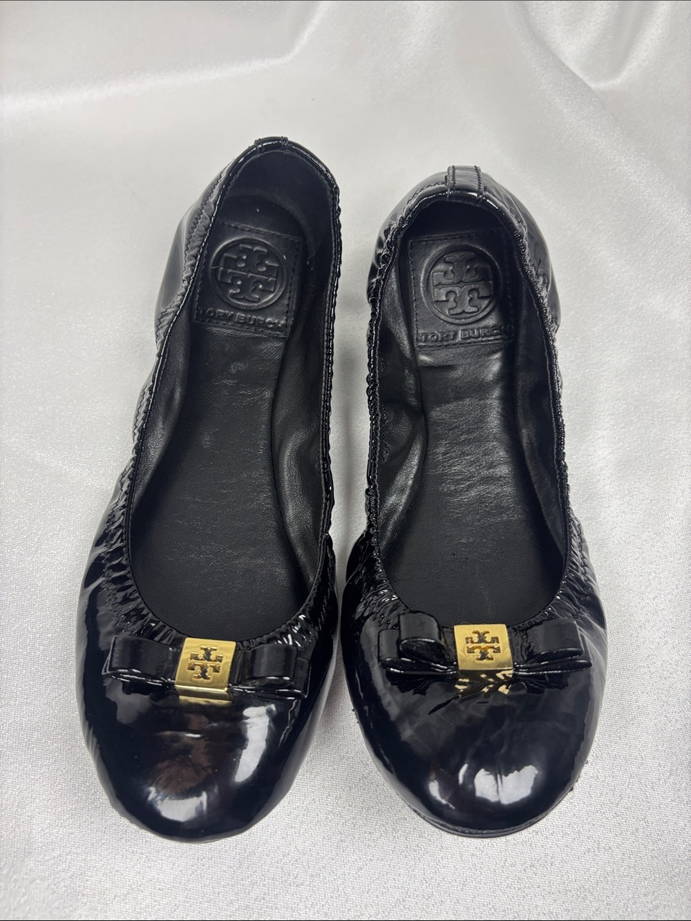 Tory Burch Black Patent Leather Logo Bow Flats